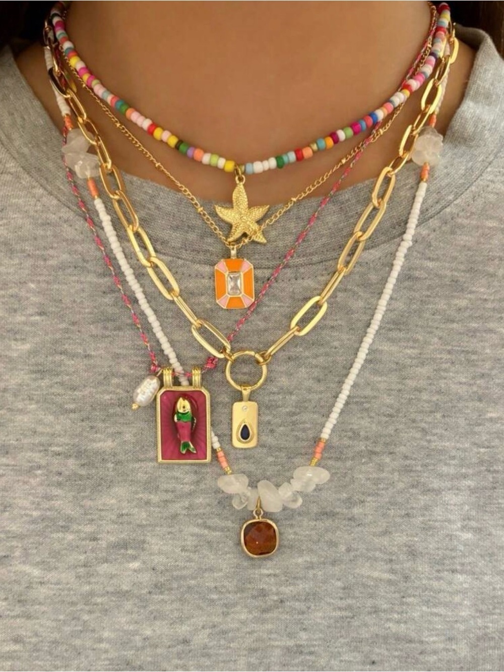 Layered Gold Multicolor Beaded Pendant Necklace